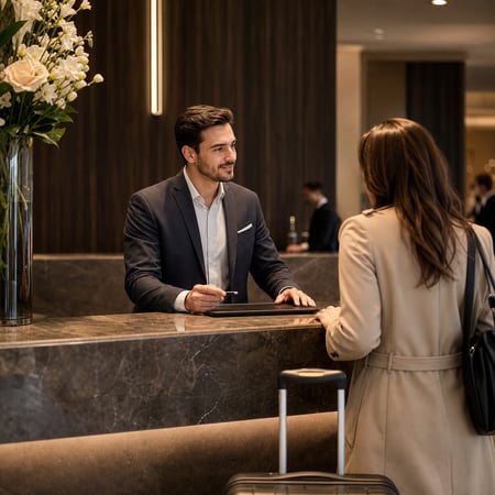 Professional Hotel Front Desk Associate Welcoming Guest