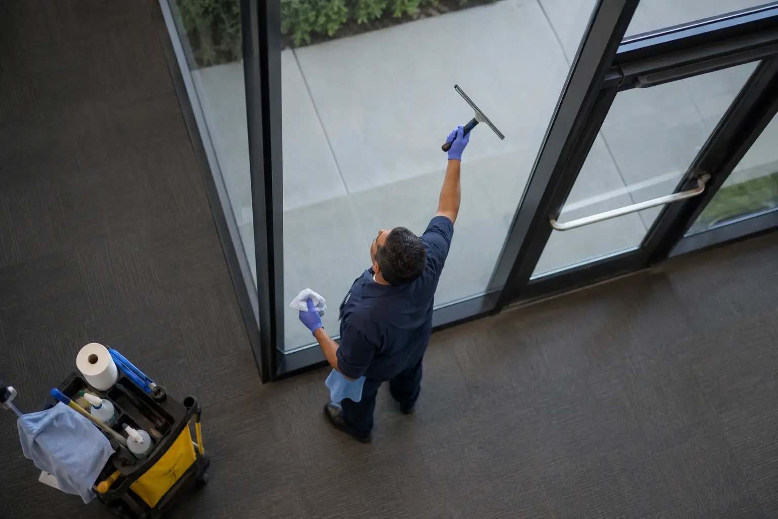 Dedicated janitor cleaning window
