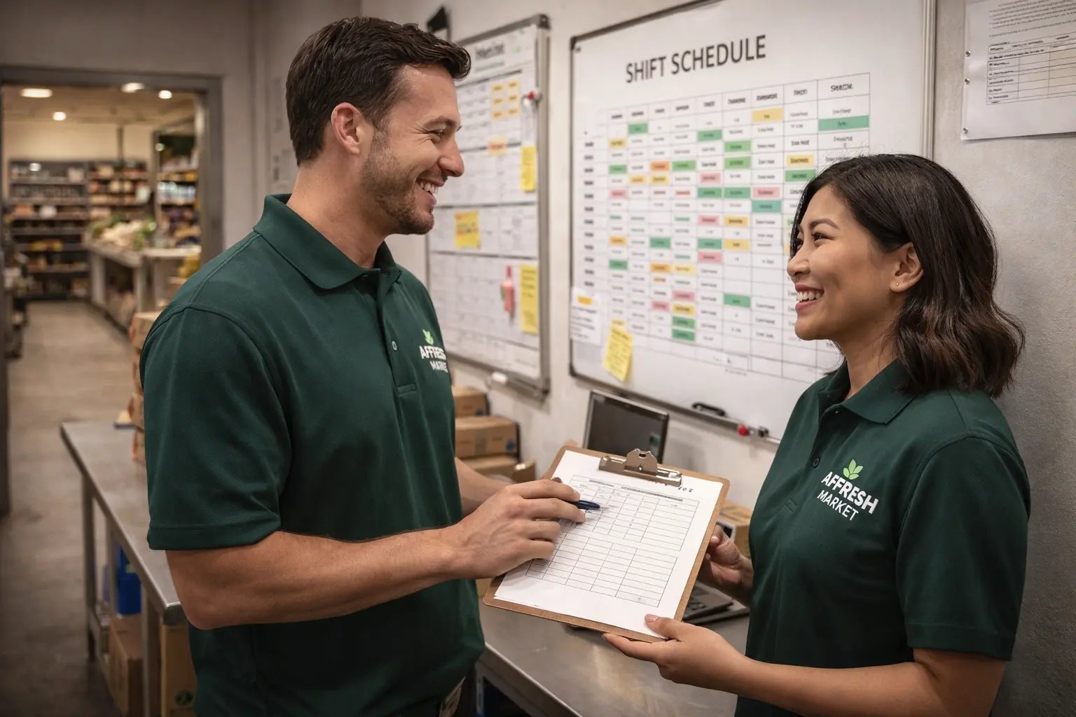 Grocery store discussion between leadership