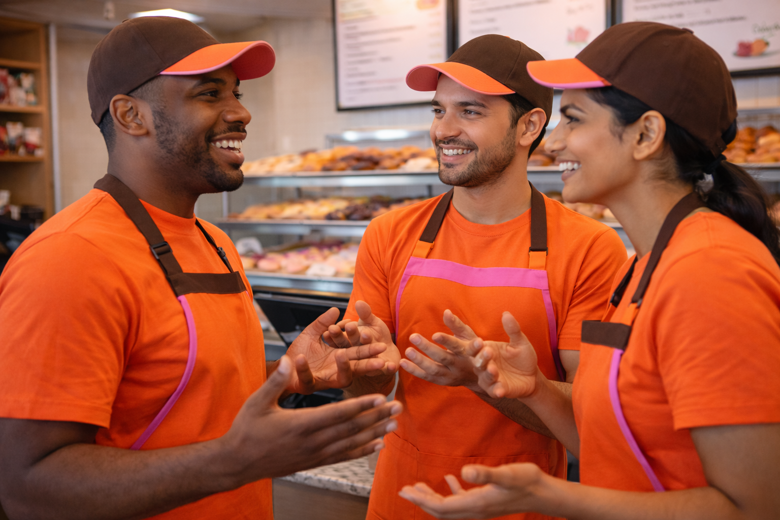 Happy Donut Employees Discussing in Uniform