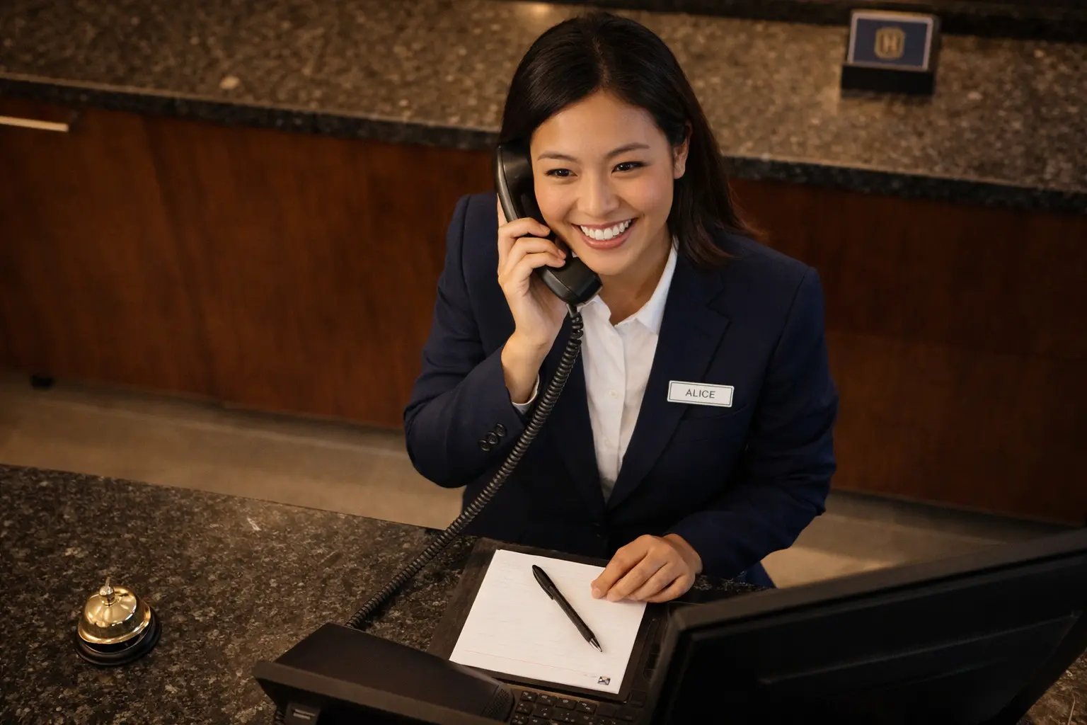 Hotel receptionist Alice at the desk
