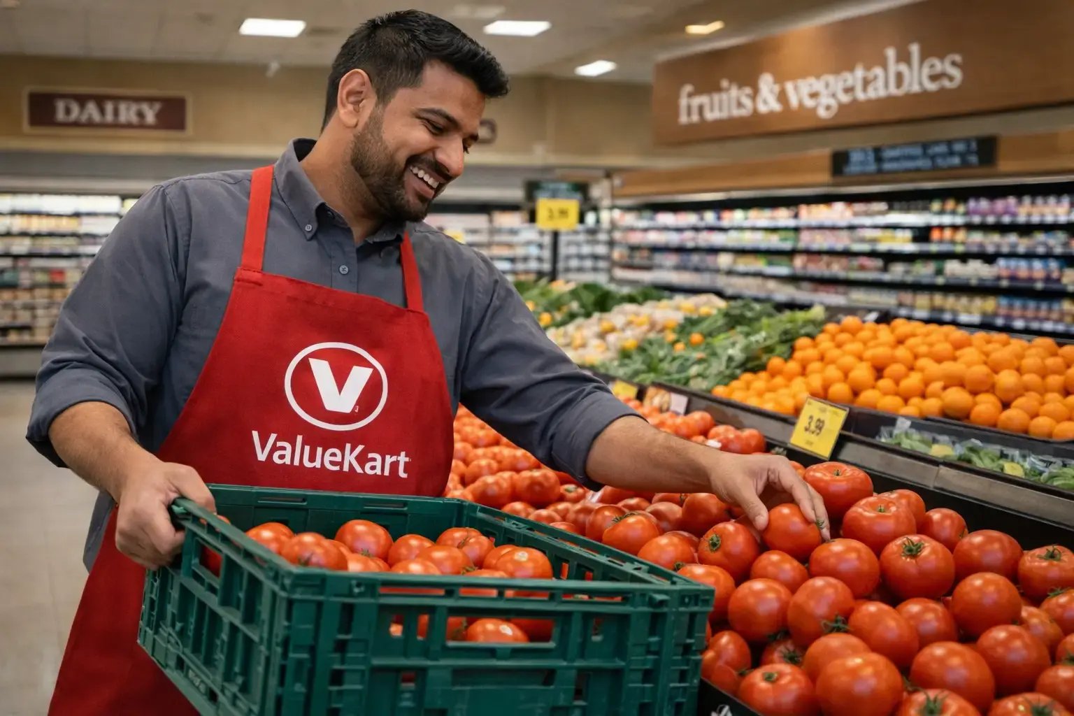 Grocery man picking tomatoes.