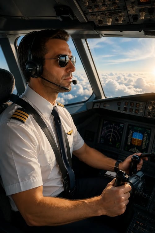 Pilot in cockpit wearing uniform