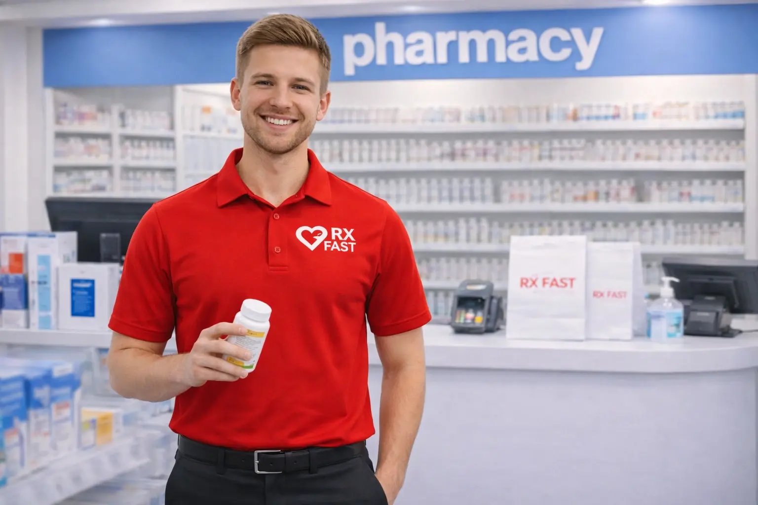 Smiling pharmacy employee with prescription bottle