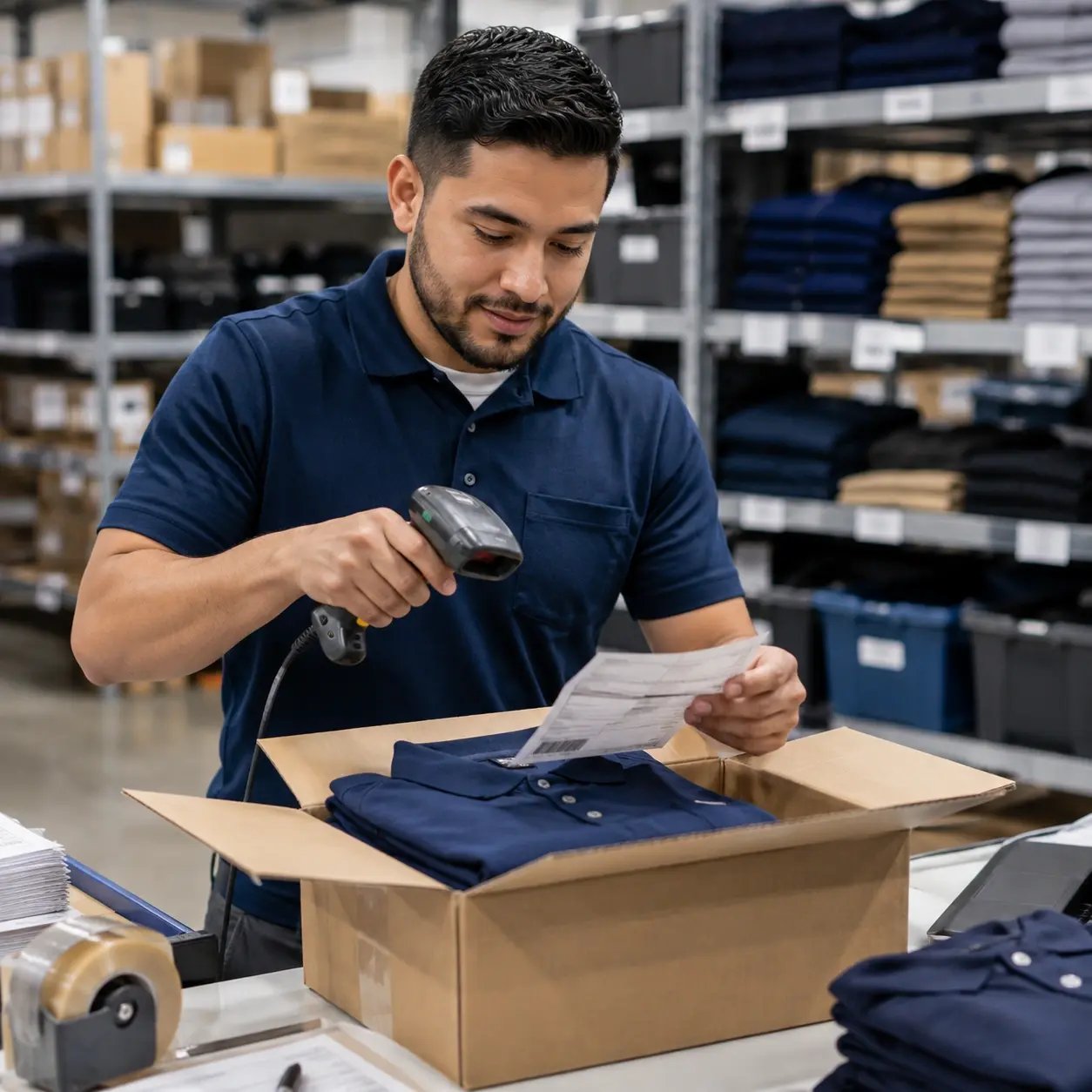 Uniformed man packing box