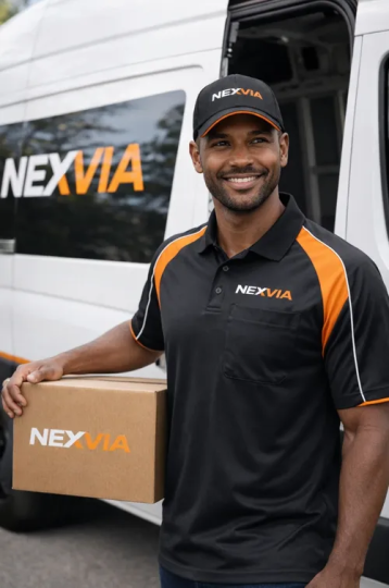 Fed Ex Uniform man standing with box next to van