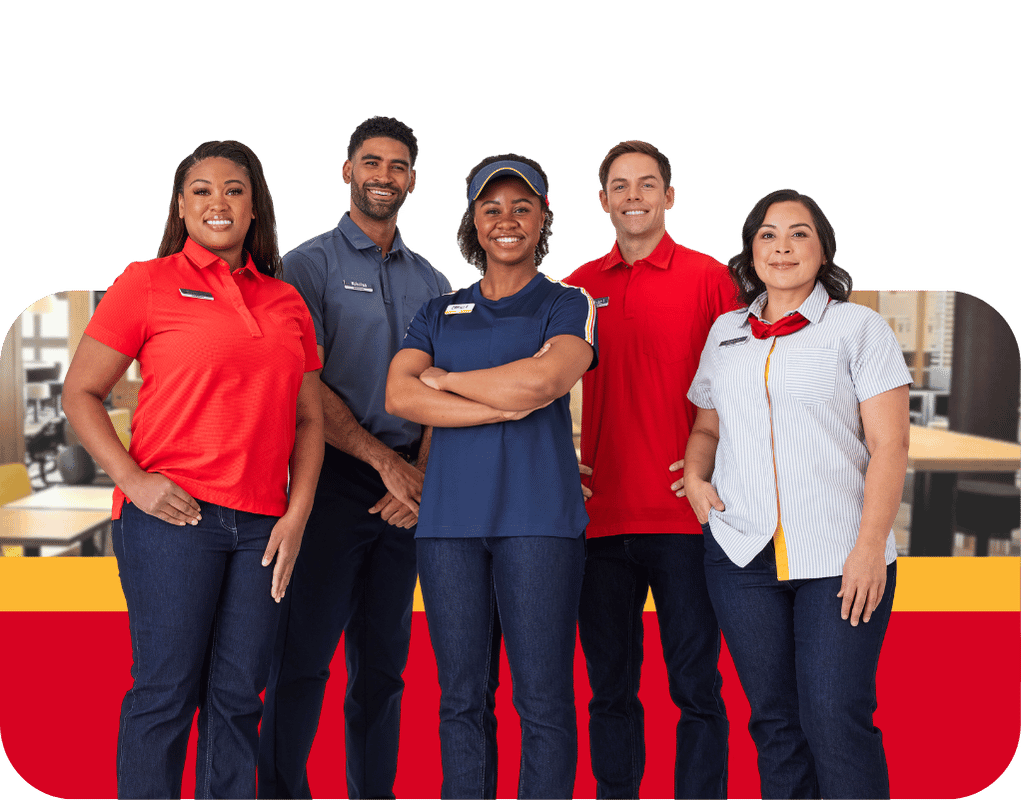Group of McDonald's employees showcasing different uniform styles including polos and work shirts